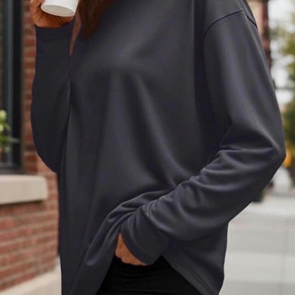 Trendy Queen Oversized Long Sleeve Shirt Dark Gray Charcoal Crewneck Top Medium
